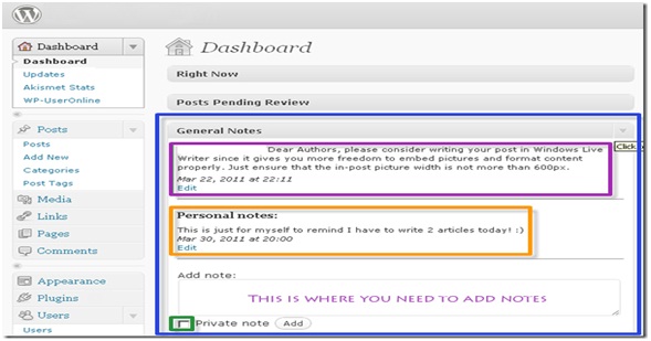 Private Notes in WordPress blog posts