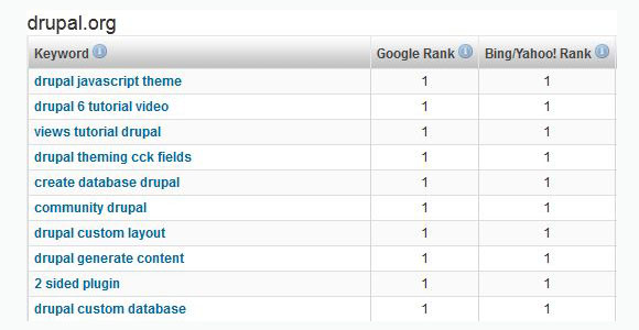 Drupal.org - top 10 ranking keywords on Google and bing