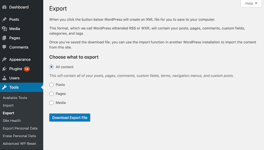 Wordpress Export tool